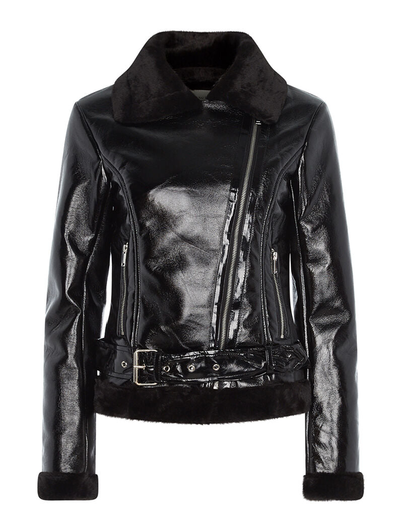 Blouson aspect vernis bas ceinturé - noir - 1