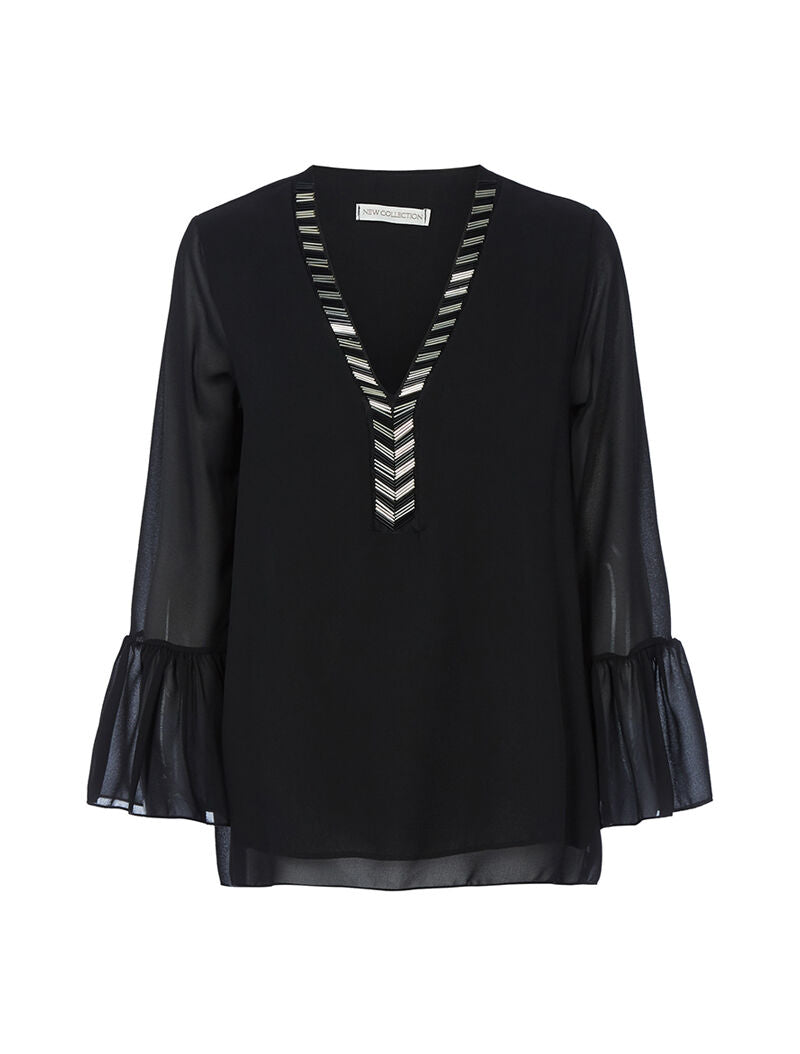 Blouse encolure à perles tubes - noir - 1