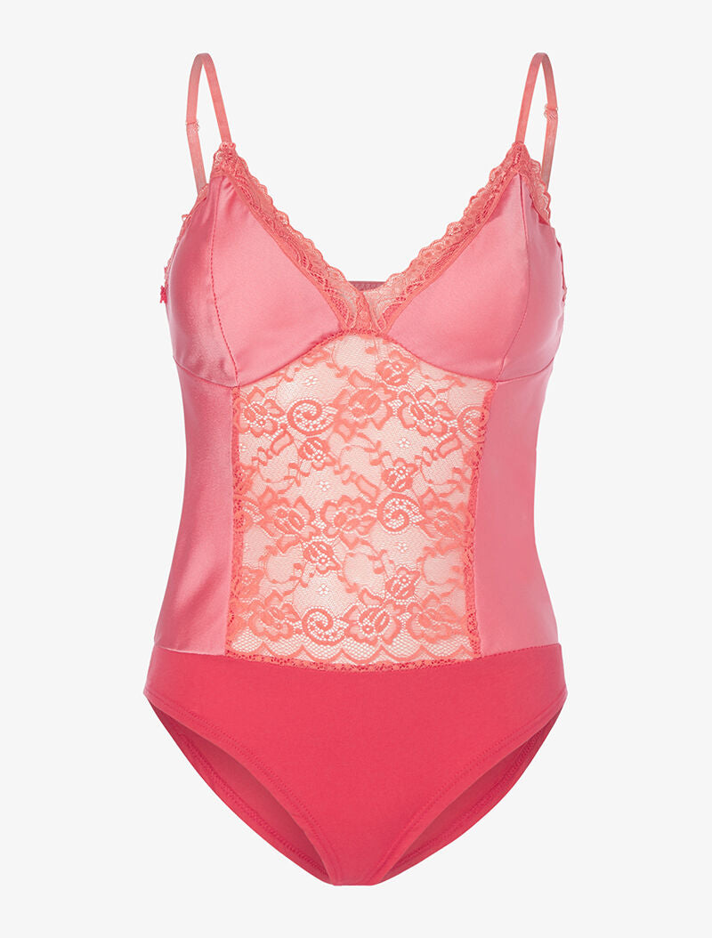 Body satiné à ventre dentelle - rose - 3