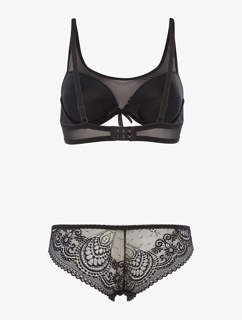 Ensemble en dentelle ajourée et tulle - noir - 2
