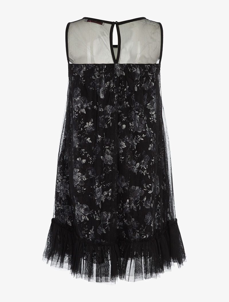 Robe imprimé avec dessus en tulle froncée - noir - 2