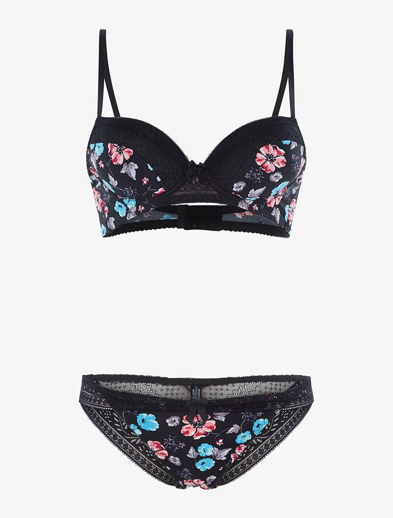 Ensemble imprimé floral et culotte - noir - 1