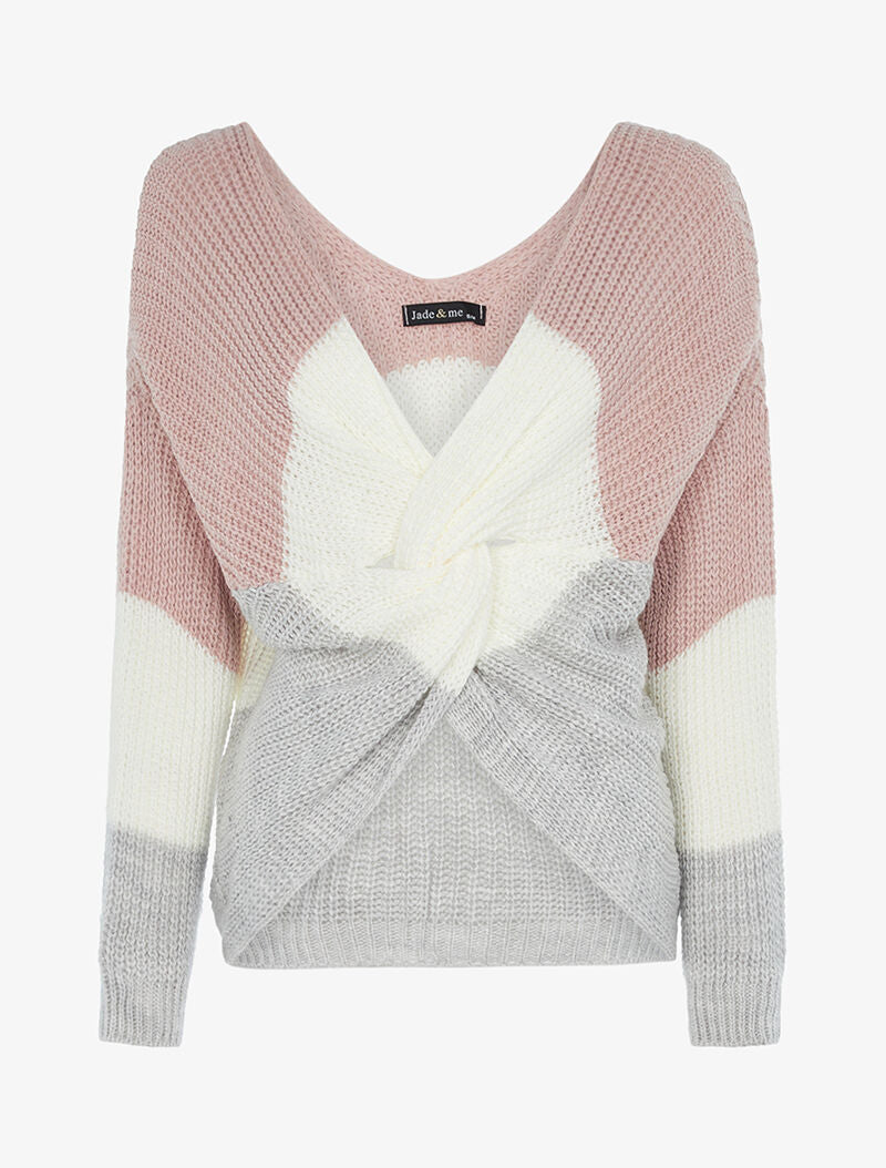 Pull asymétrique tricolore - rose/gris/ecru - 4