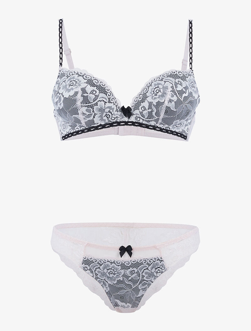 Ensemble satiné et dentelle fleurie - rose poudré/noir - 1