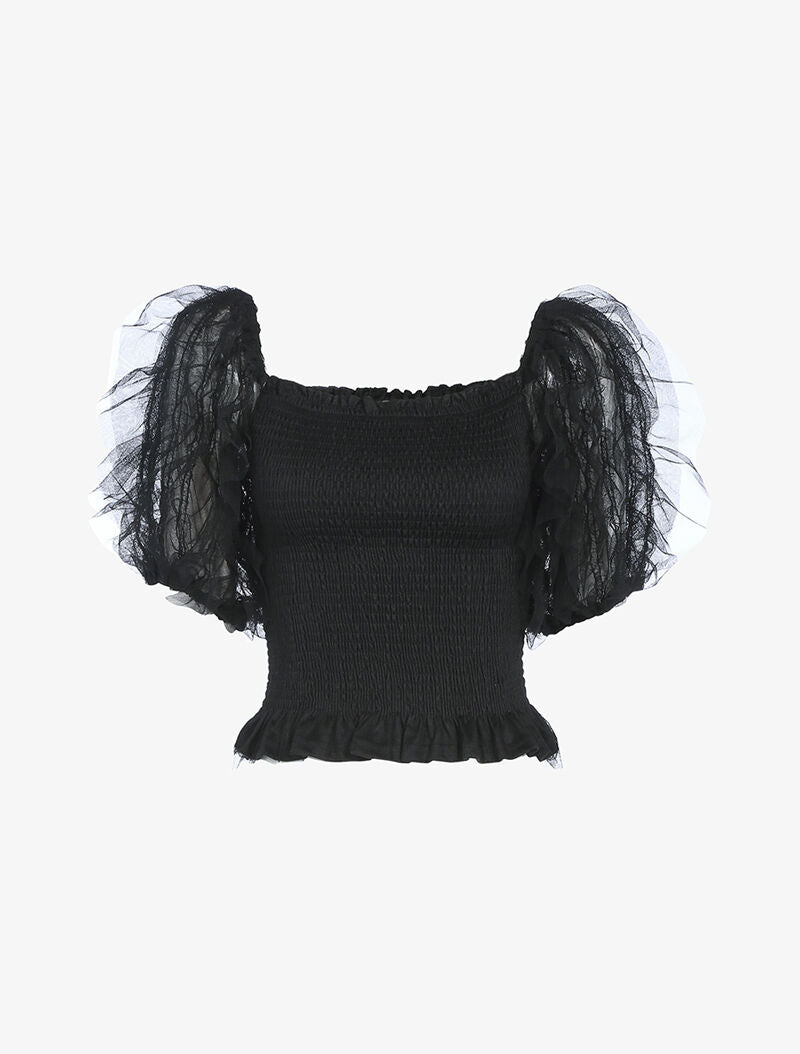 Crop top à manches bouffantes volantées - noir - 1