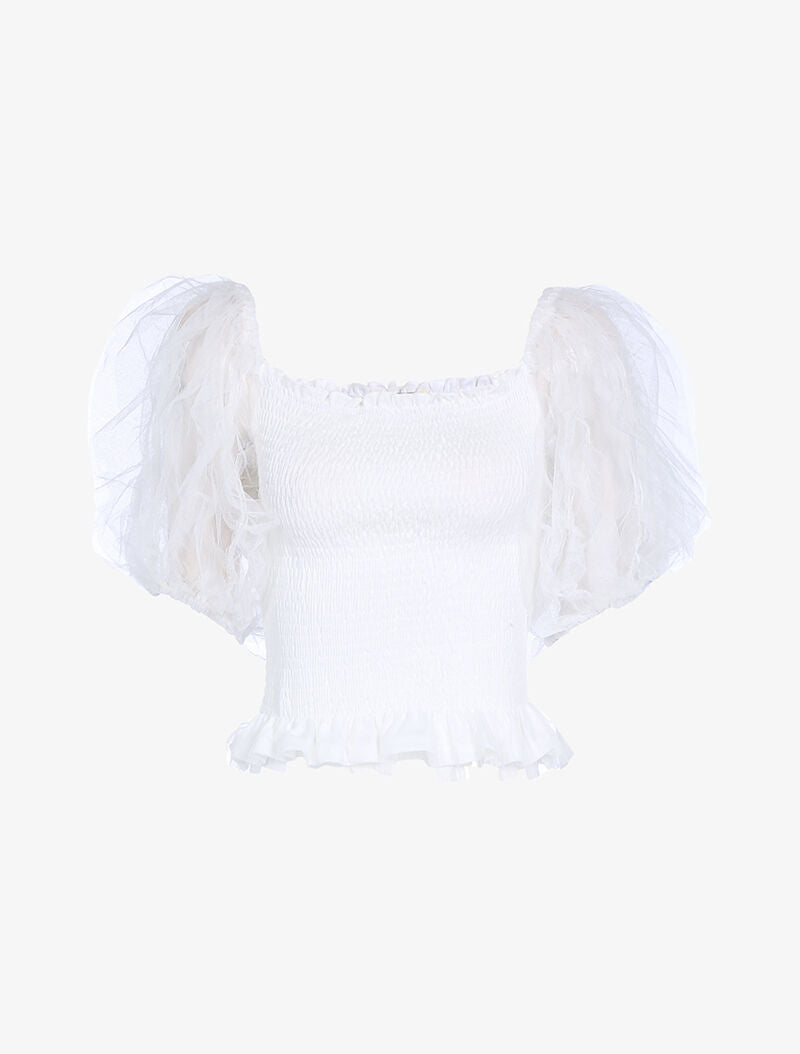 Crop top à manches bouffantes volantées - blanc - 5