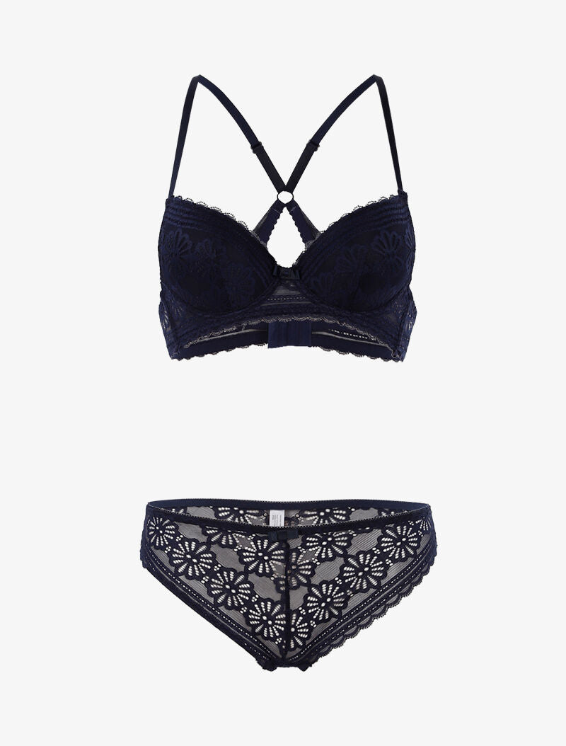 Ensemble dentelle fleurie à dos nageur et tanga - marine - 3