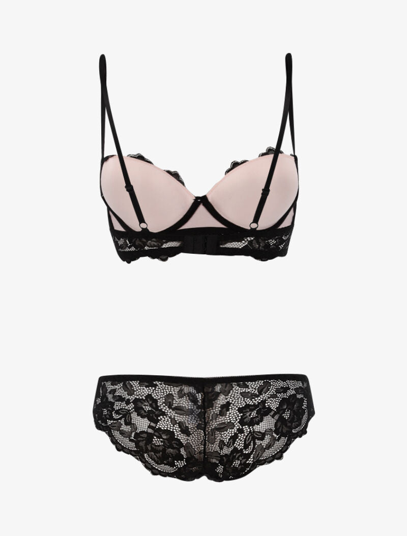 Ensemble dentelle doublée et tanga - noir/rose - 2