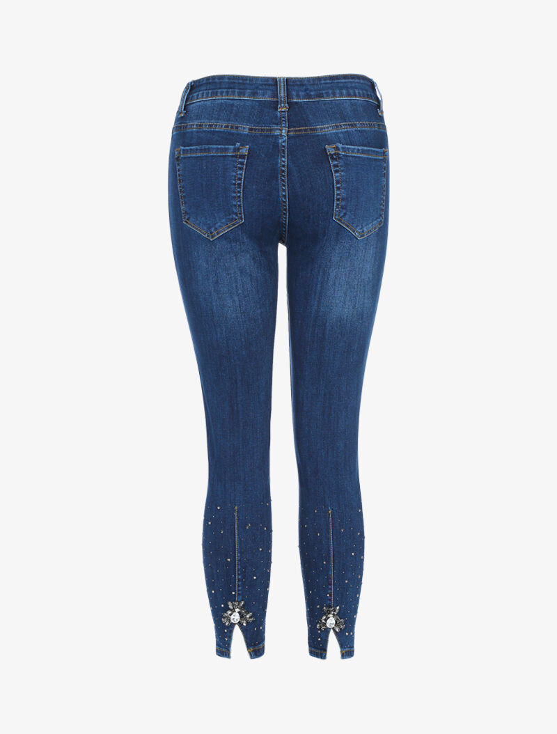 Jean 7/8 skinny taille haute strass - denim brut