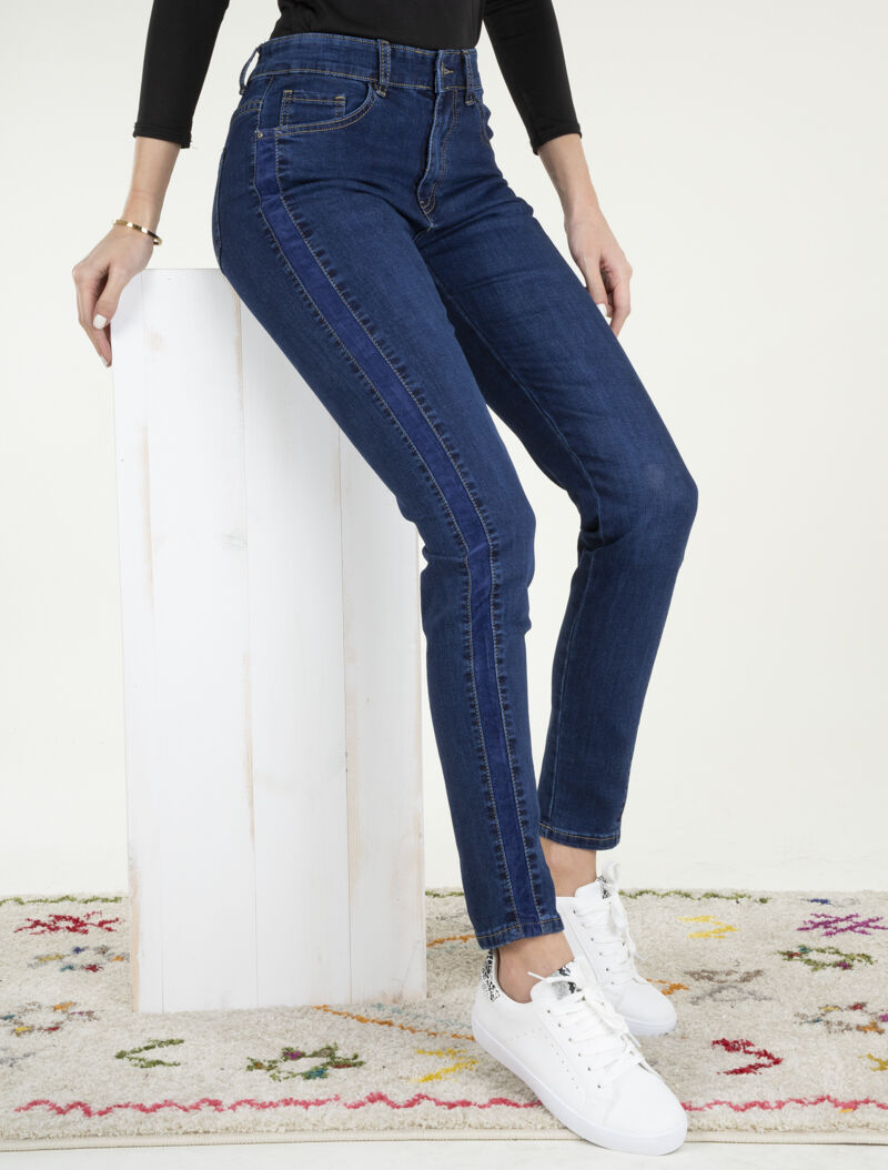 Jean mom taille haute à bande velours - bleu denim - 1