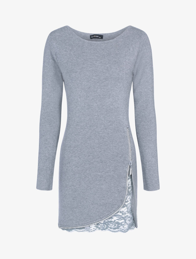 Robe pull à zip strassé et dentelle - gris clair - 3