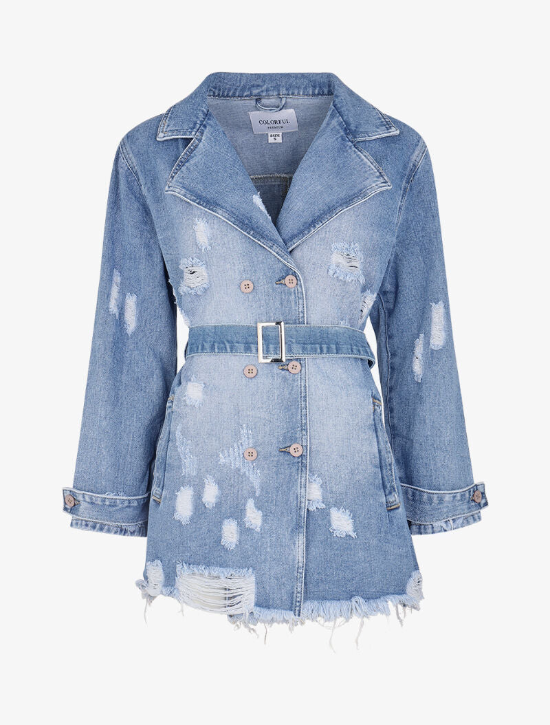 Veste en jean destroy et ceinturée - bleu denim - 3