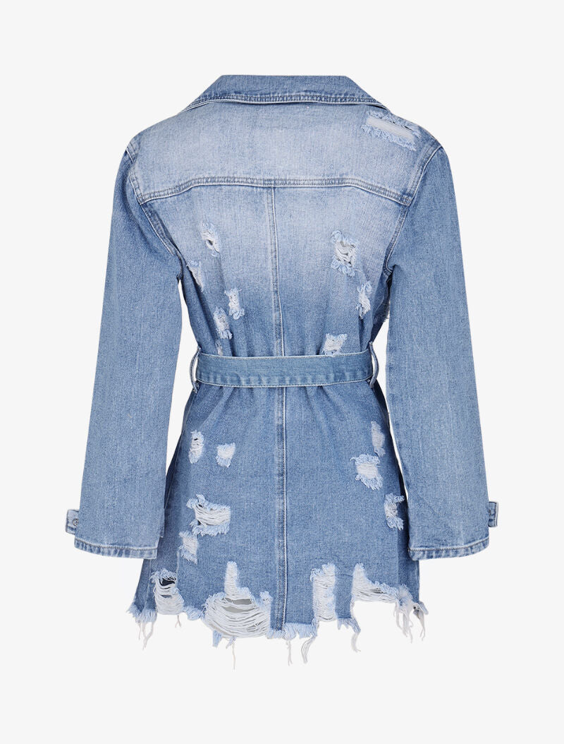 Veste en jean destroy et ceinturée - bleu denim - 2