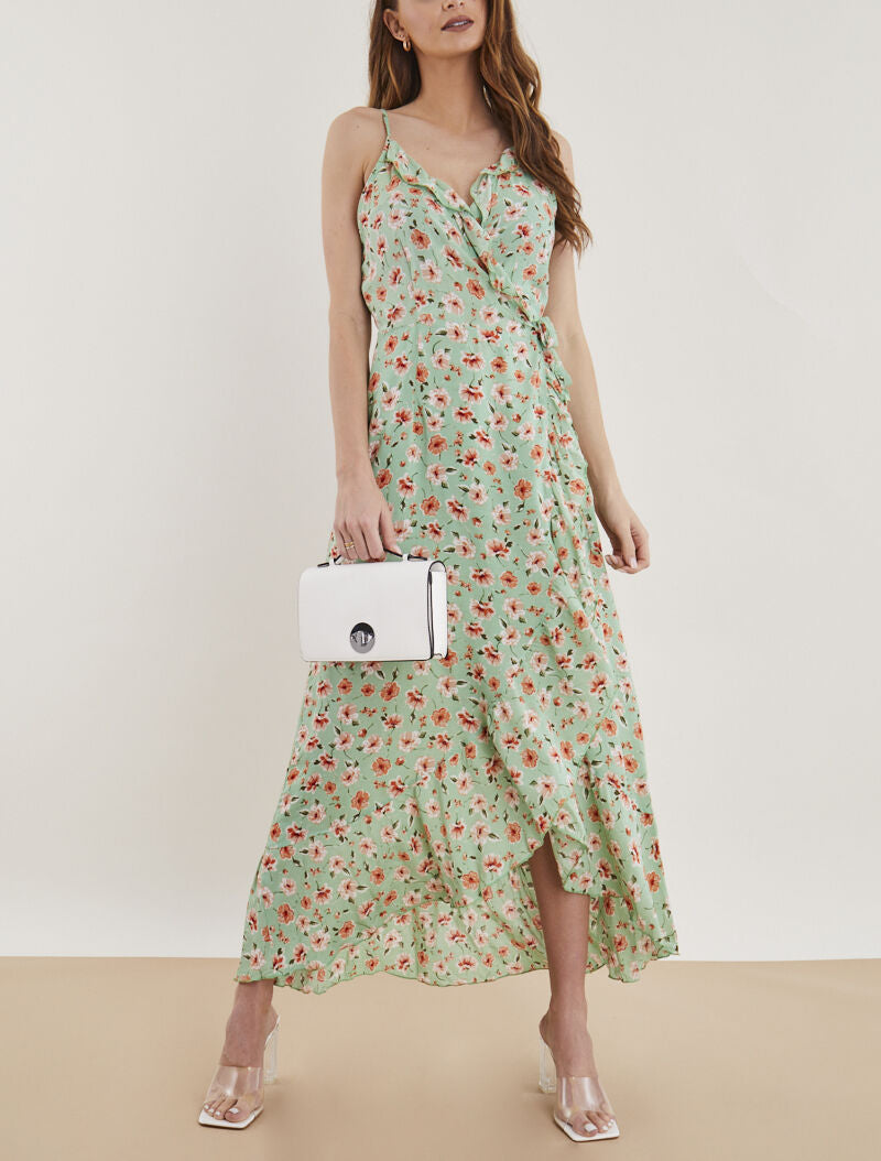 Robe portefeuille longue à imprimé champêtre - vert amande - 4