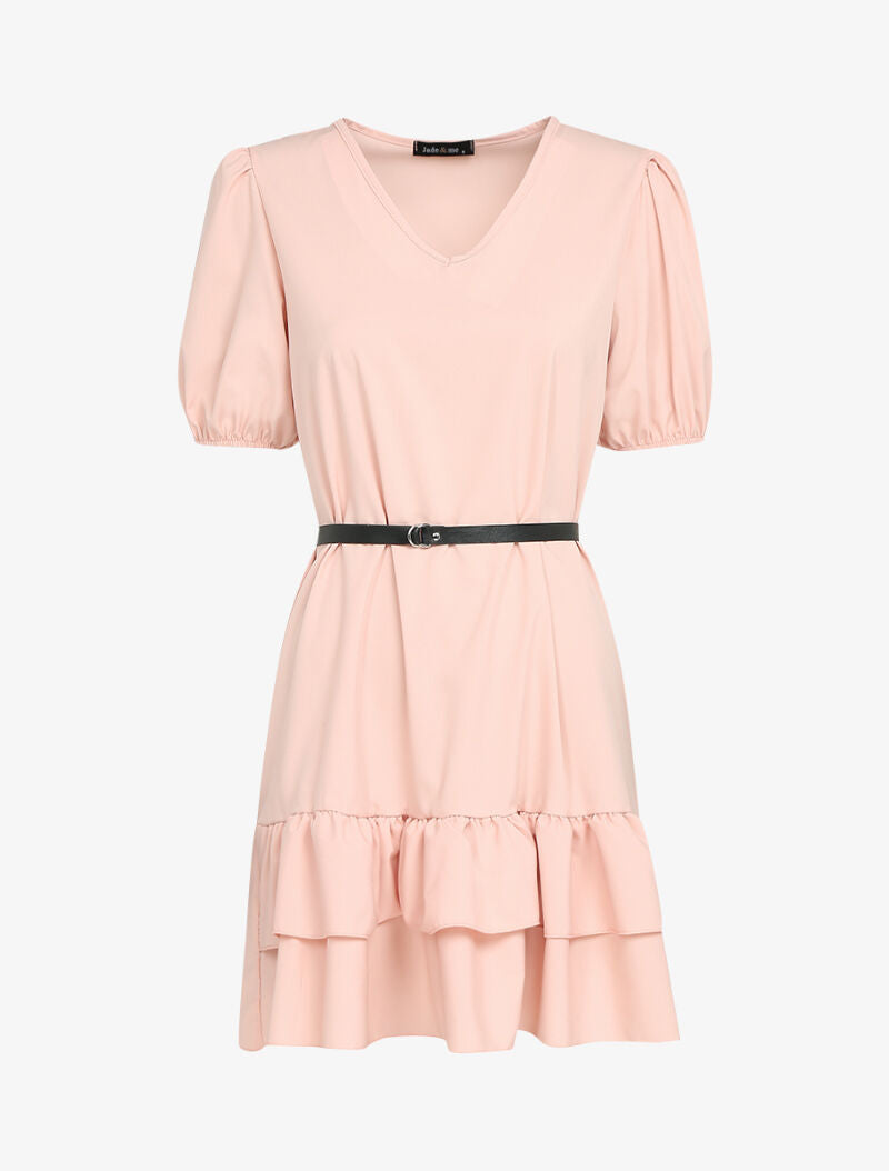 Robe courte unie à manches ballons et bord à basques - rose - 1