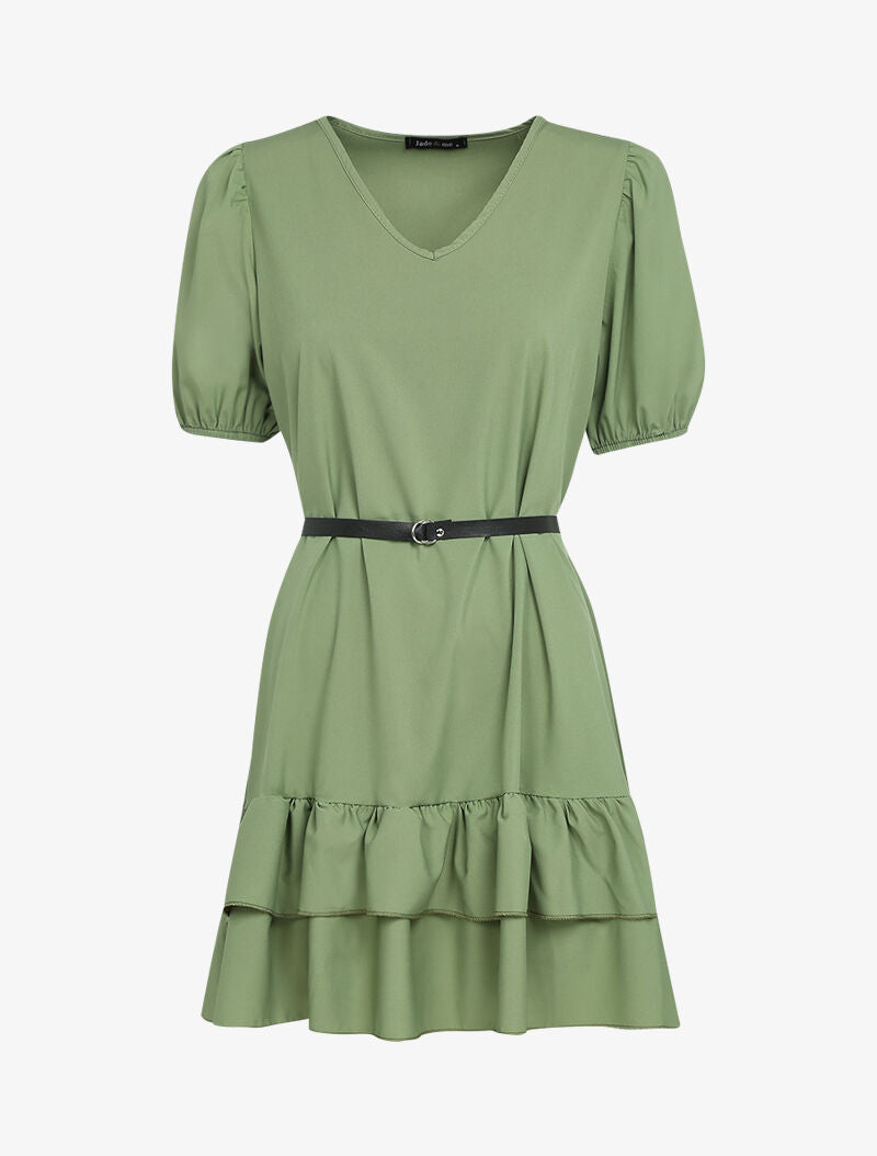 Robe courte unie à manches ballons et bord à basques - kaki - 3