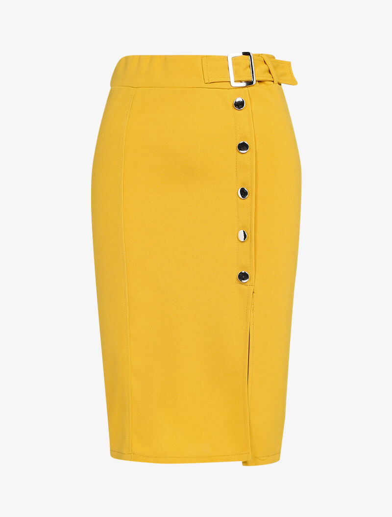 Jupe crayon fendu à demi ceinture - moutarde - 1