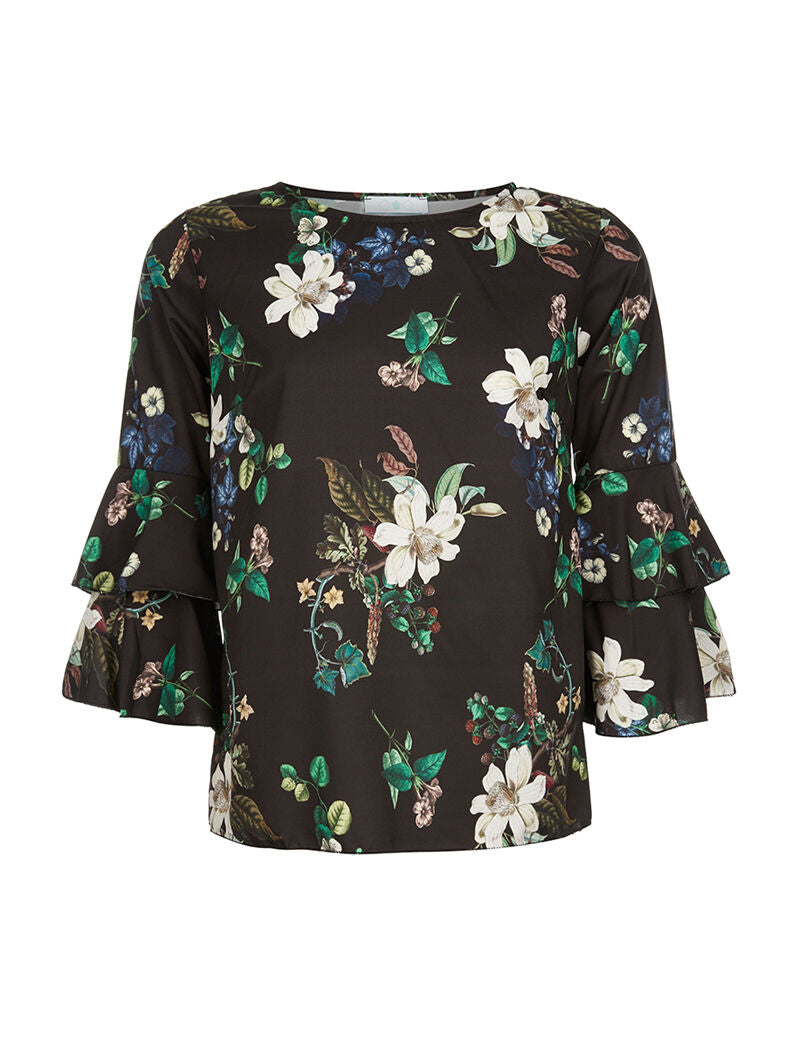 Top imprimé fleuri manches volantées - noir