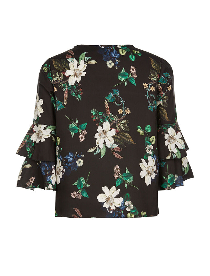 Top imprimé fleuri manches volantées - noir