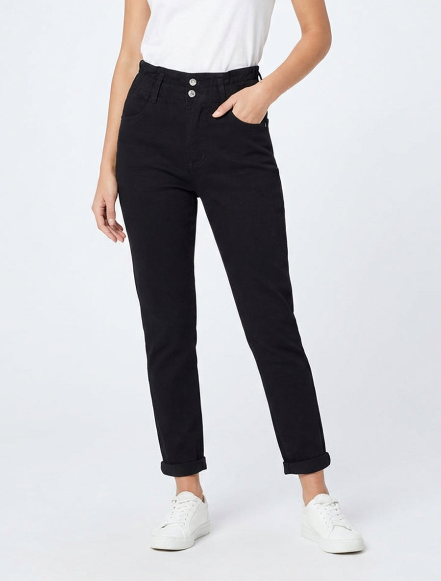 Jean mom taille haute élastiquée - Noir