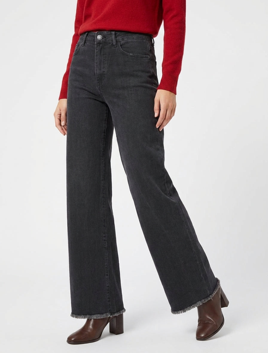 Jean wide leg à bords effilochés - Gris anthracite