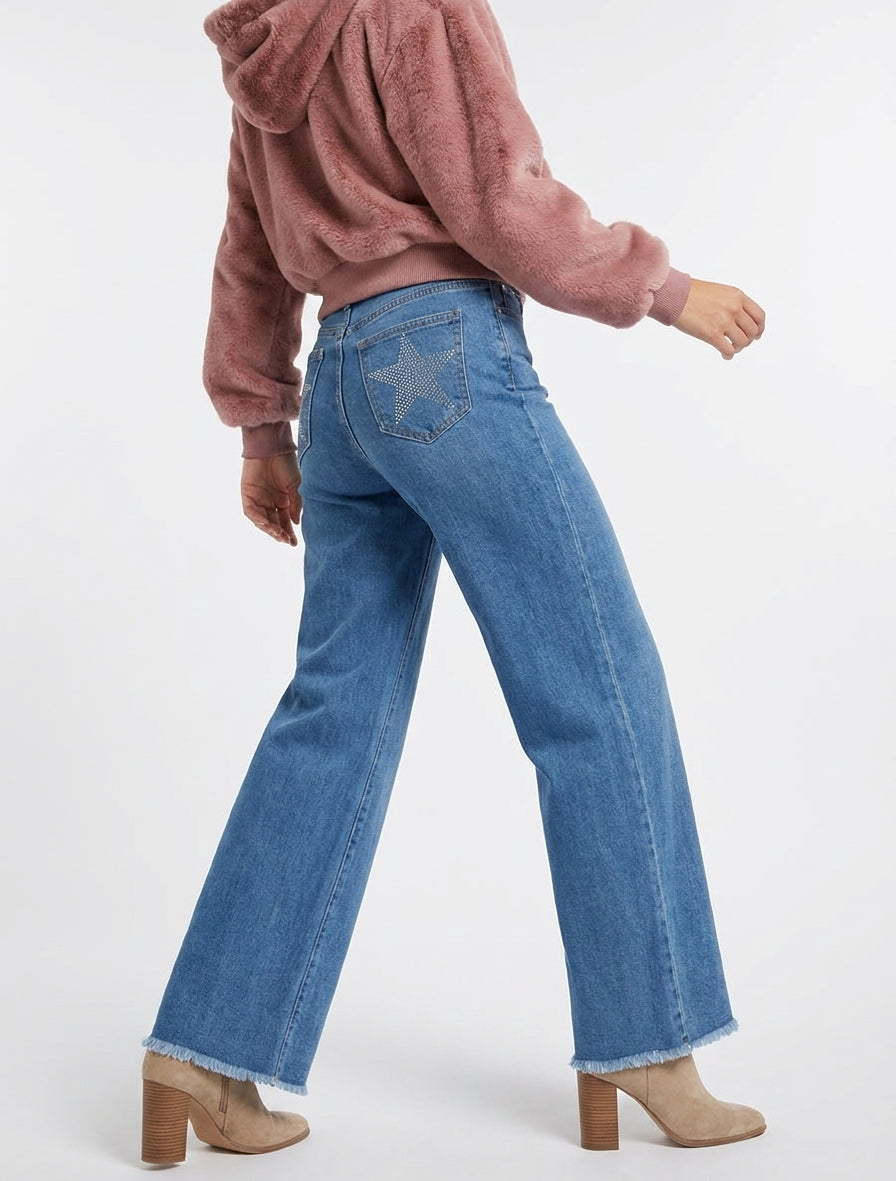 Jean wide leg à poches étoiles strassées - Bleu