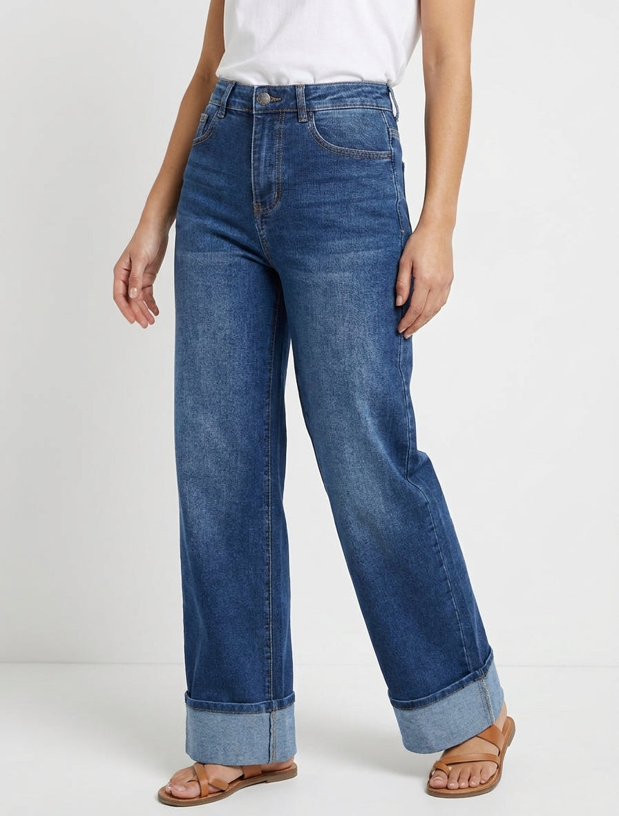 Jean wide leg délavé à ourlet - Bleu denim