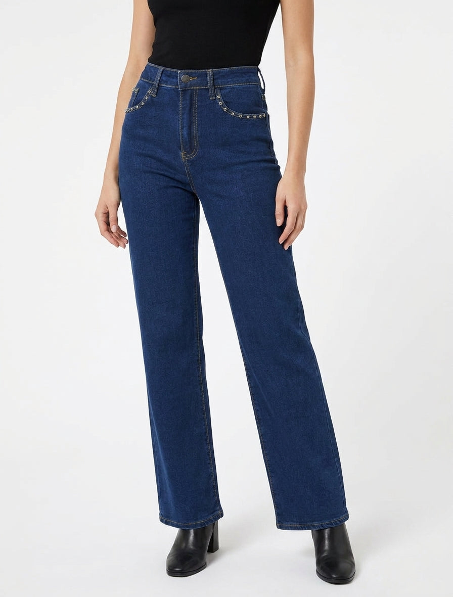 Jean à poches cloutées wide leg - Bleu denim