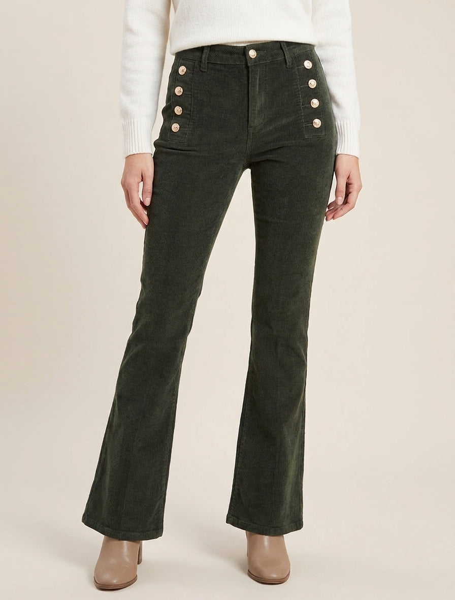 Pantalon côtelé à boutons décoratifs - Kaki