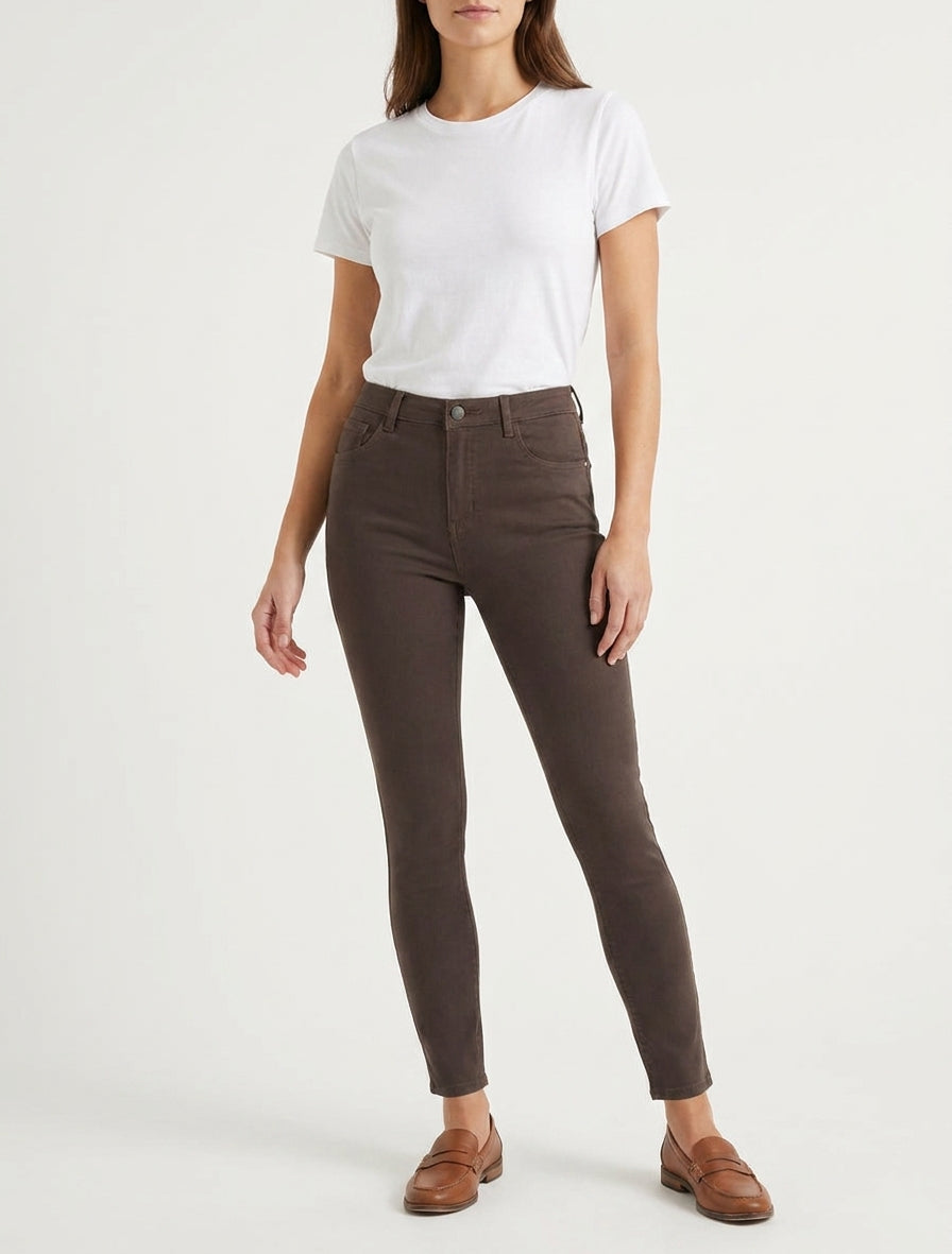 Jean slim uni à taille haute - Marron chocolat