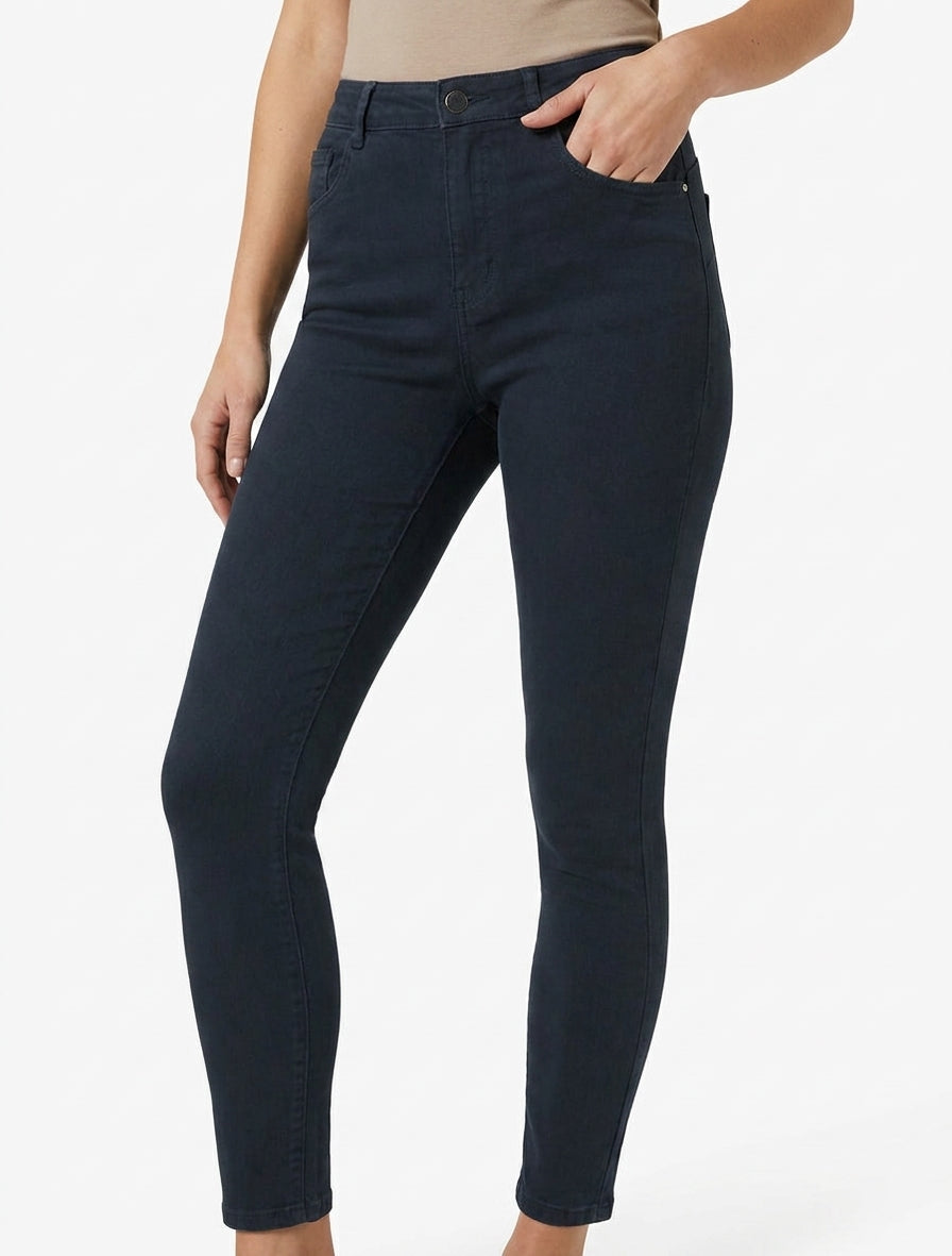 Jean slim uni à taille haute - Bleu nuit