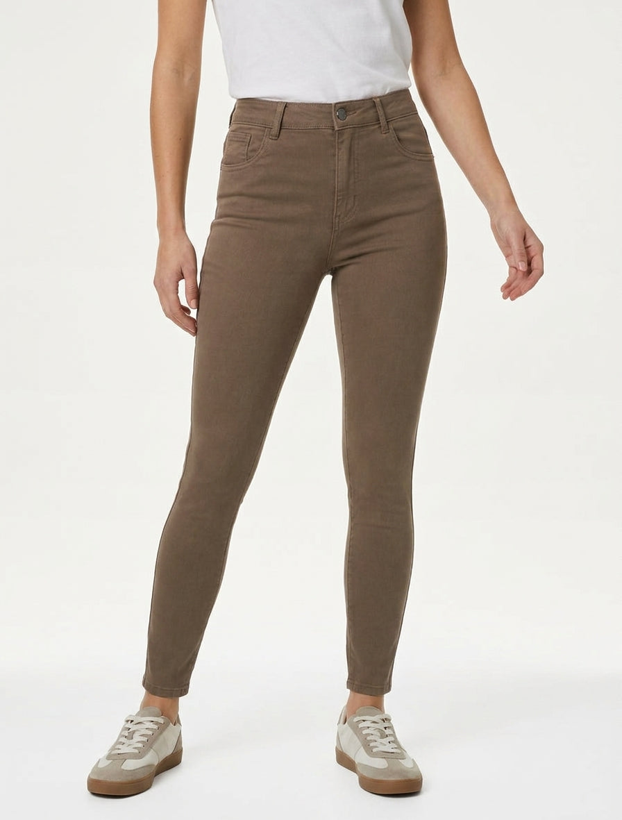Jean slim uni à taille haute - Taupe foncé