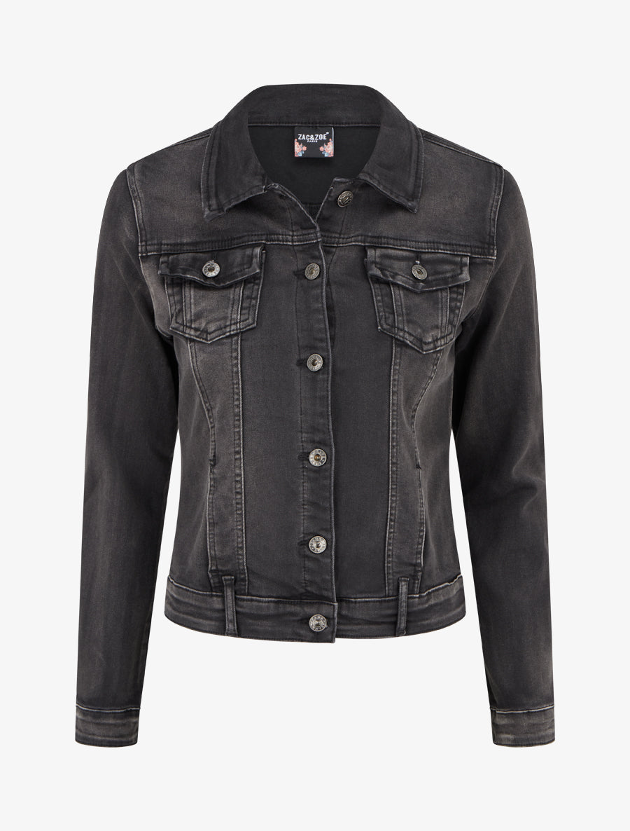 Veste en jean uni coupe droite - Noir - 1