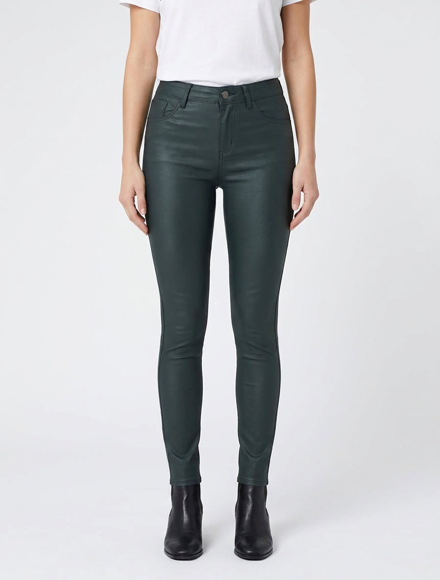 Pantalon slim en simili effet enduit - Vert bouteille