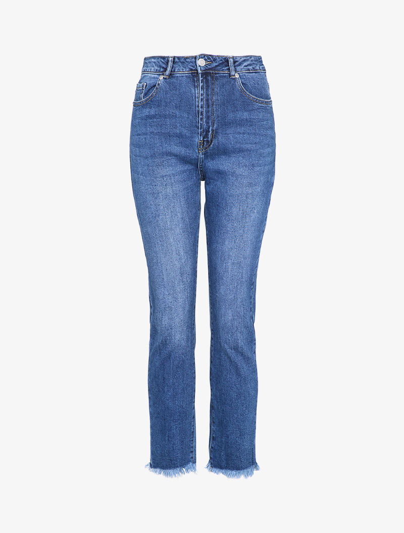 Jean boyfriend à bords effilochés - Bleu denim - 1
