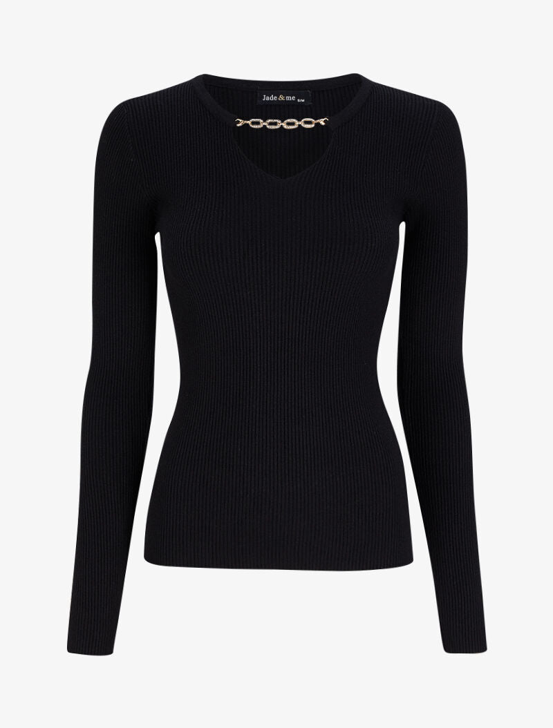 Pull côtelé à col V orné d&