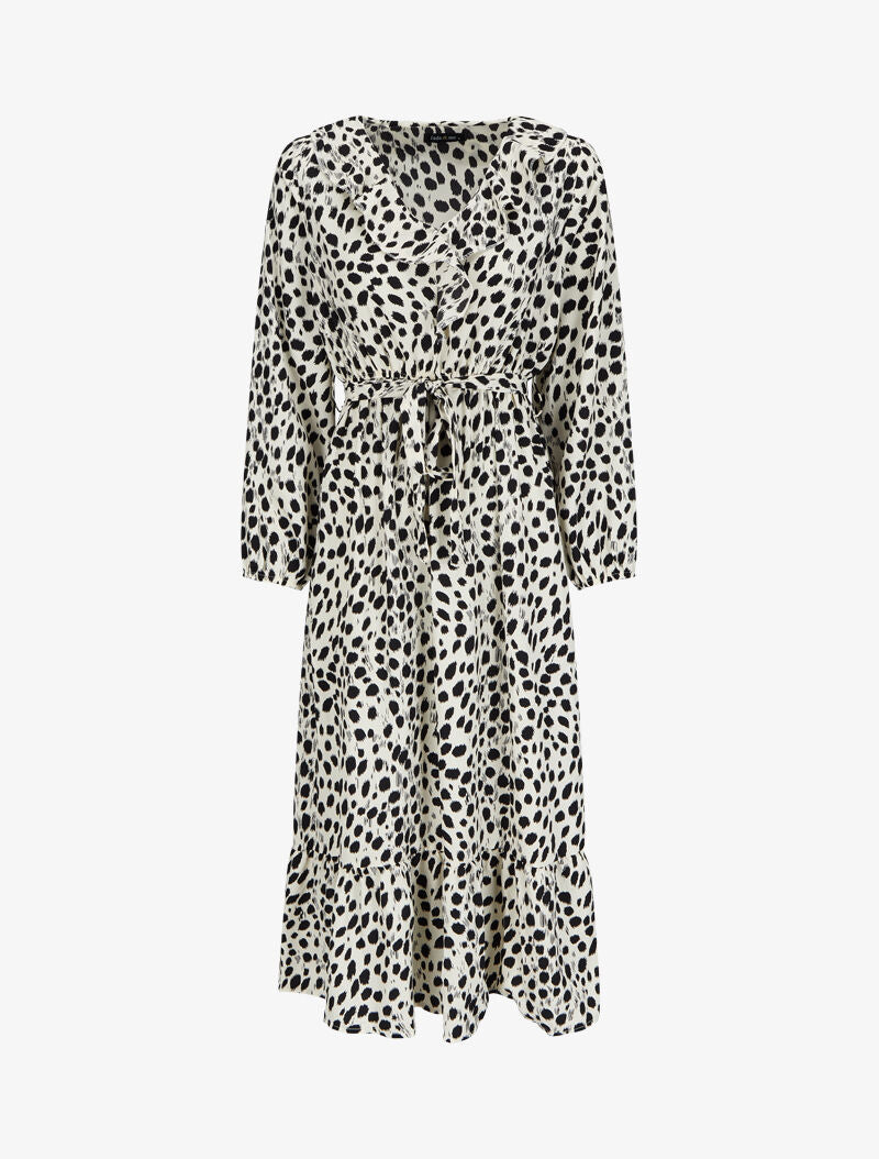 Robe imprimé moucheté à col V volanté - Blanc - 1