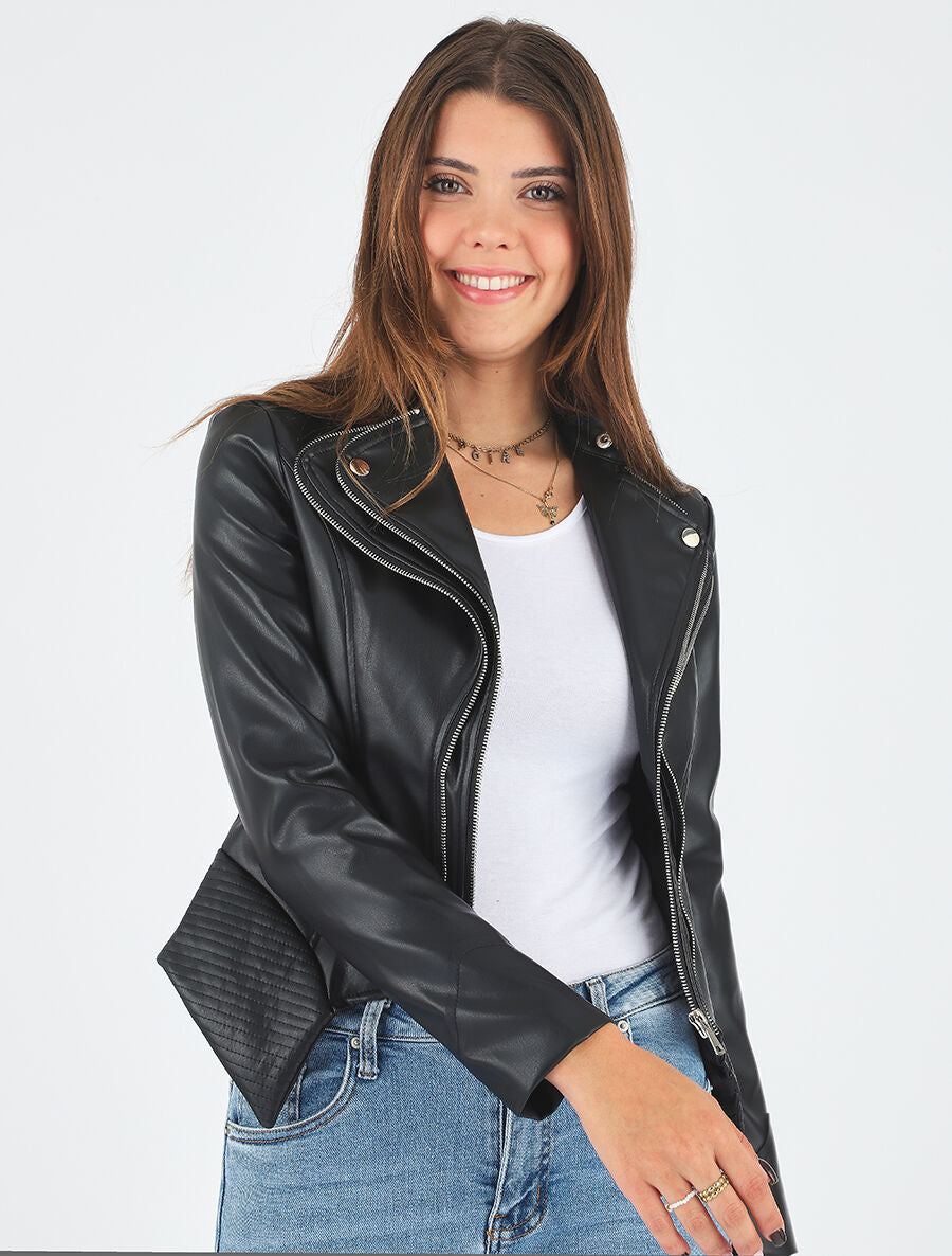 Veste style perfecto en simili col fantaisie - Noir - 5