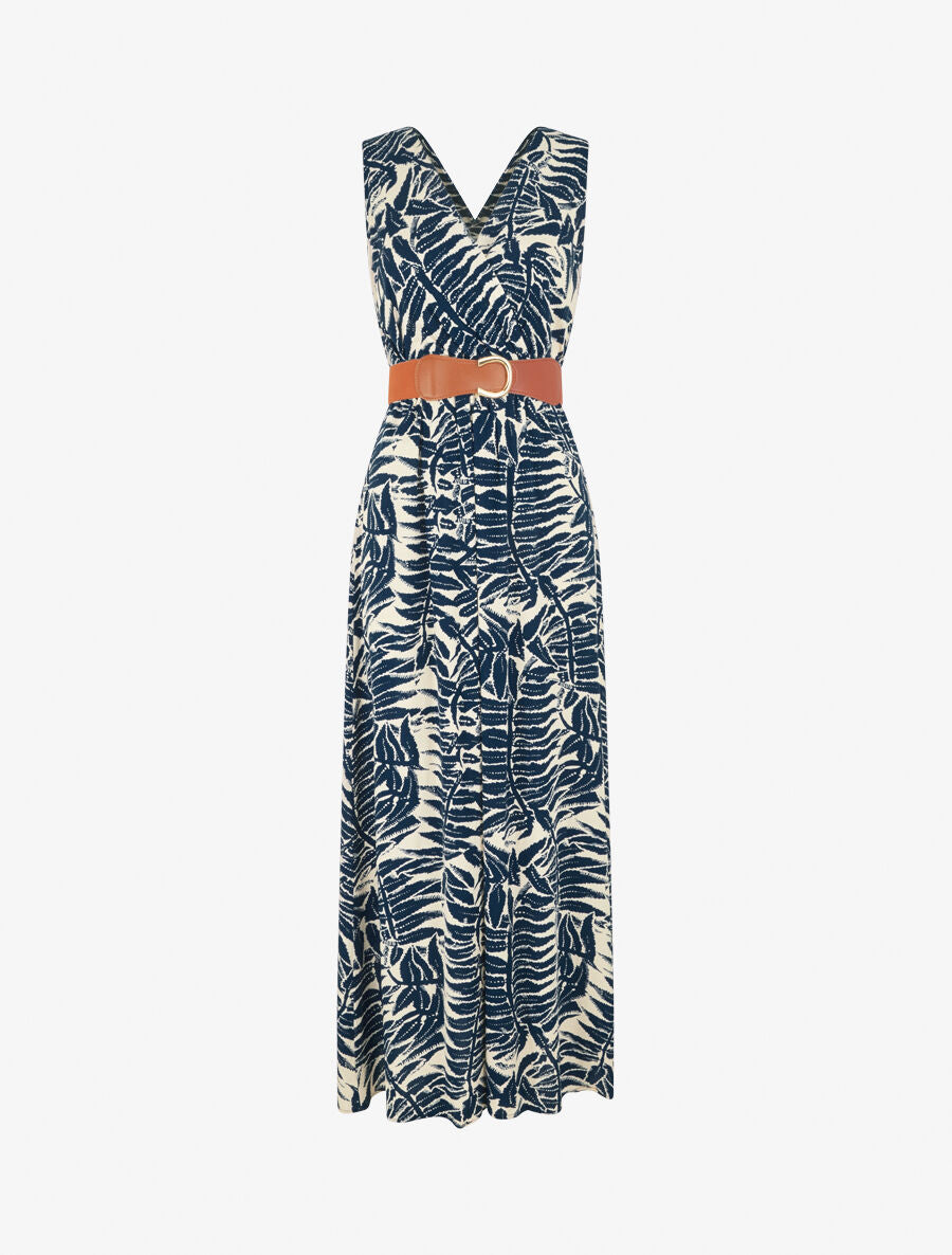 Robe longue évasée imprimé tropical - Marine - 5