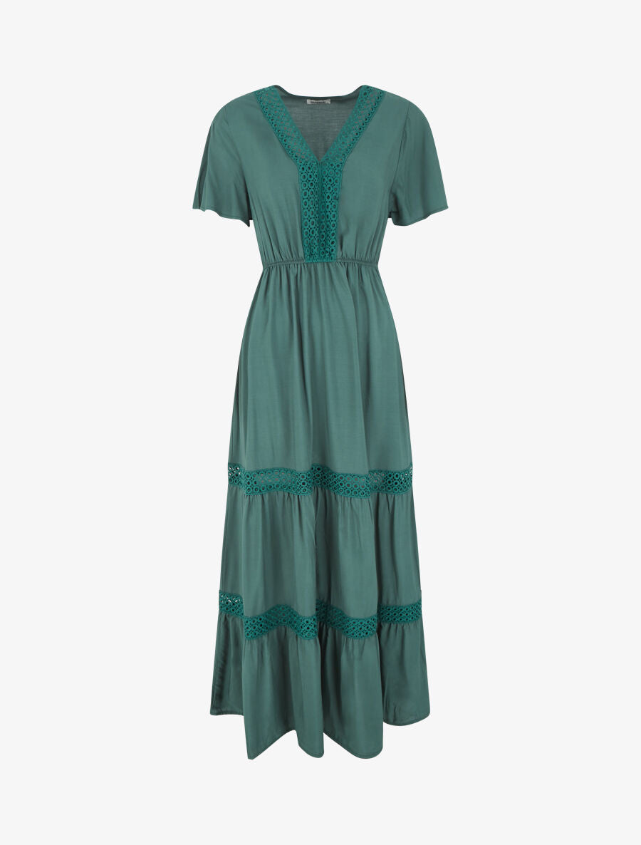 Robe longue évasée à empiècements en dentelle ajourée - Vert foncé - 4