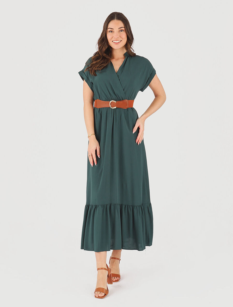 Robe longue unie manches courtes - Vert sapin - 4