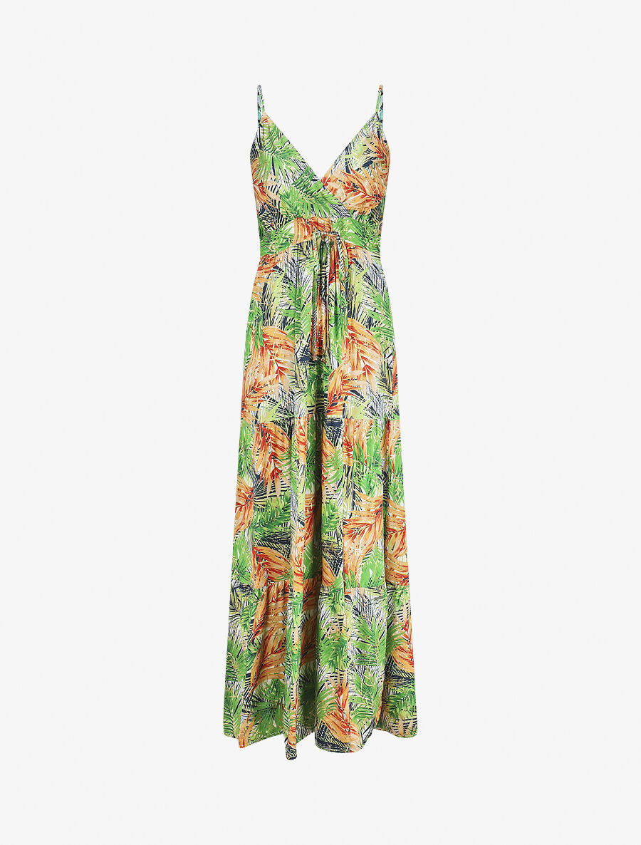 Robe longue à bretelles imprimé tropical irisé - Blanc/vert - 1