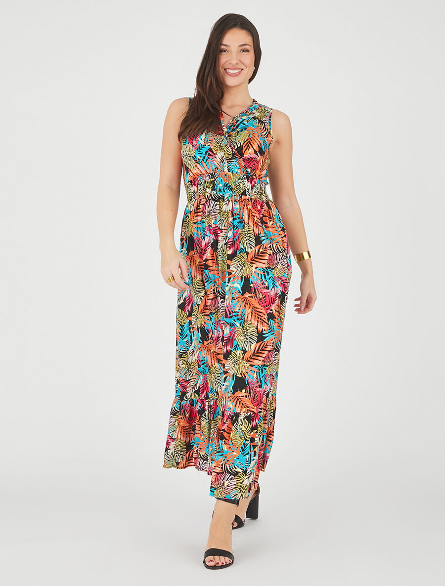 Robe longue évasée imprimé tropical sans manches - Noir/turquoise - 4