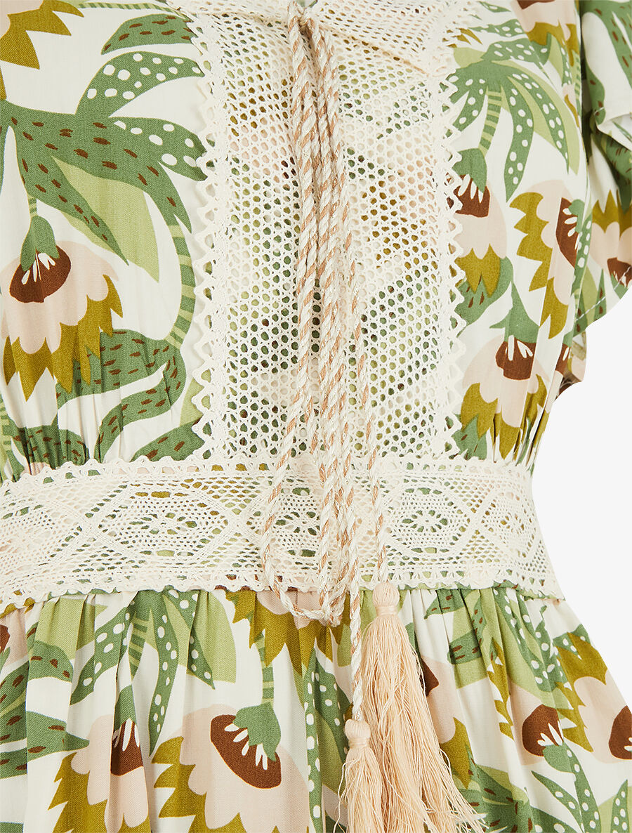 Robe imprimé abstrait à col V brodé - Kaki - 3