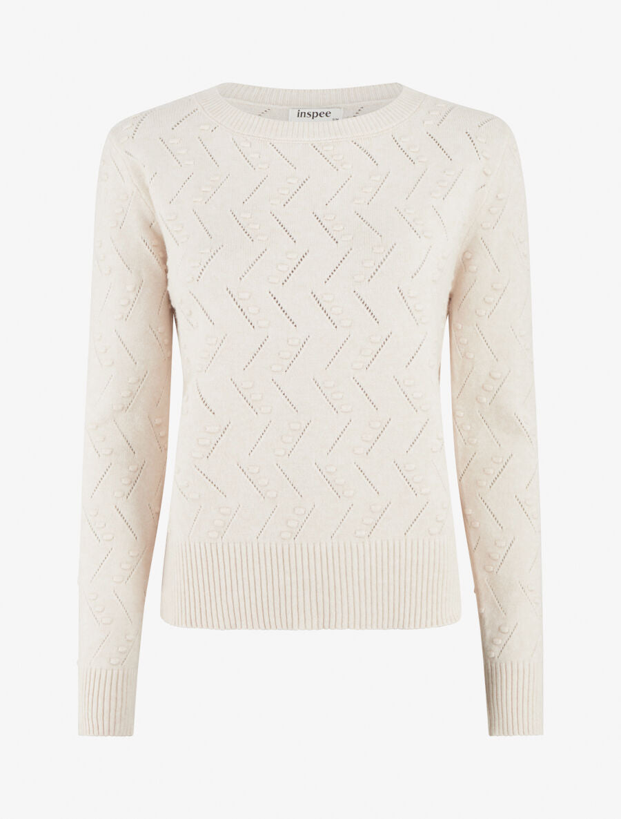 Pull droit col rond en maille fantaisie - Crème - 1