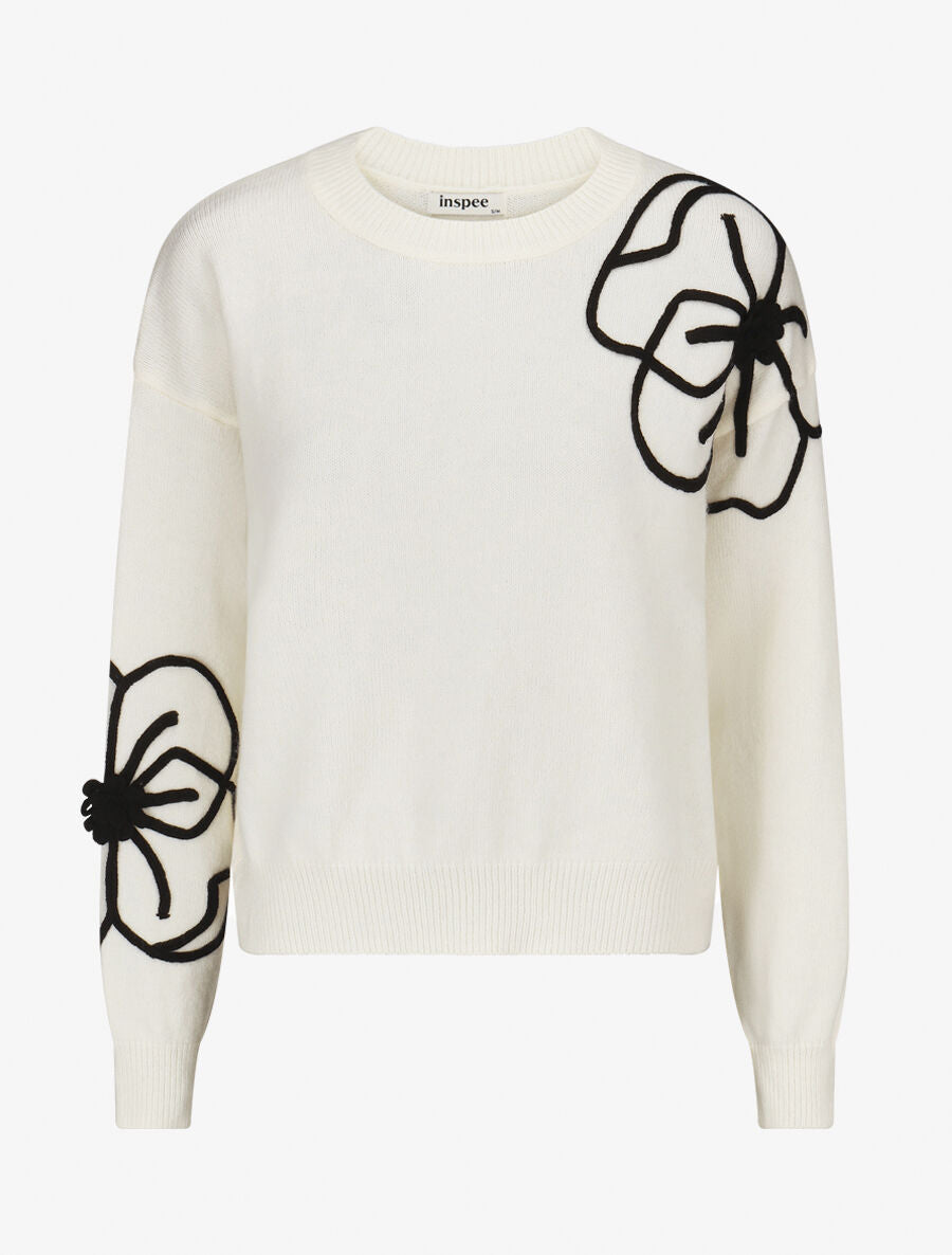 Pull en maille broderie fleurs - Crème - 4