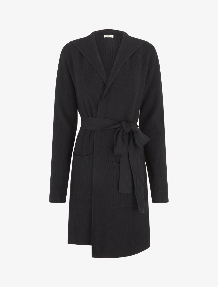 Gilet long côtelé à capuche - Noir - 1