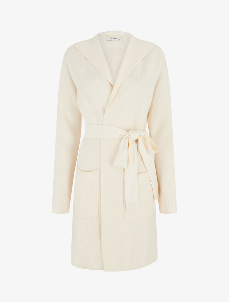 Gilet long côtelé à capuche - Crème - 4