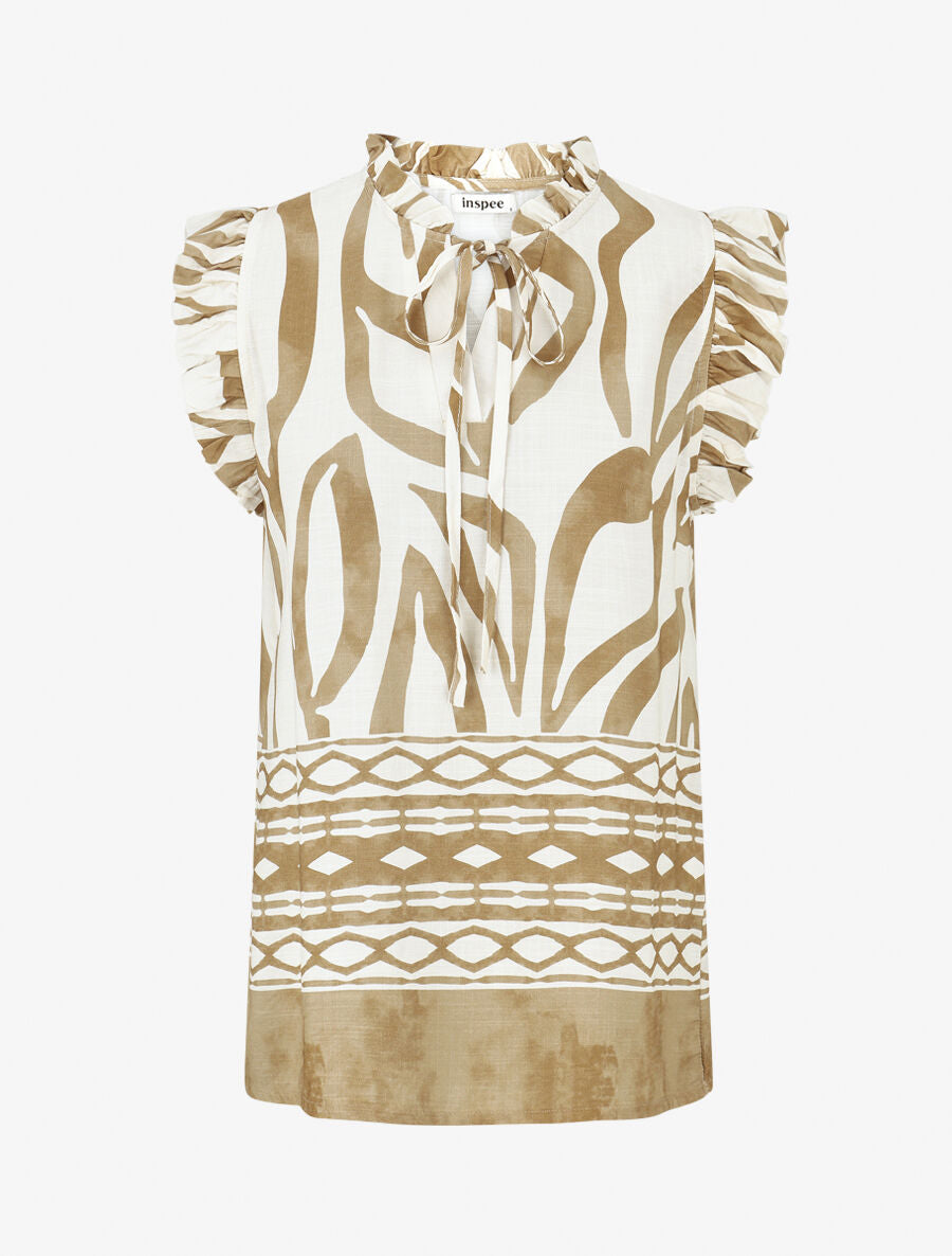 Top imprimé graphique à épaules volantées - Taupe - 1