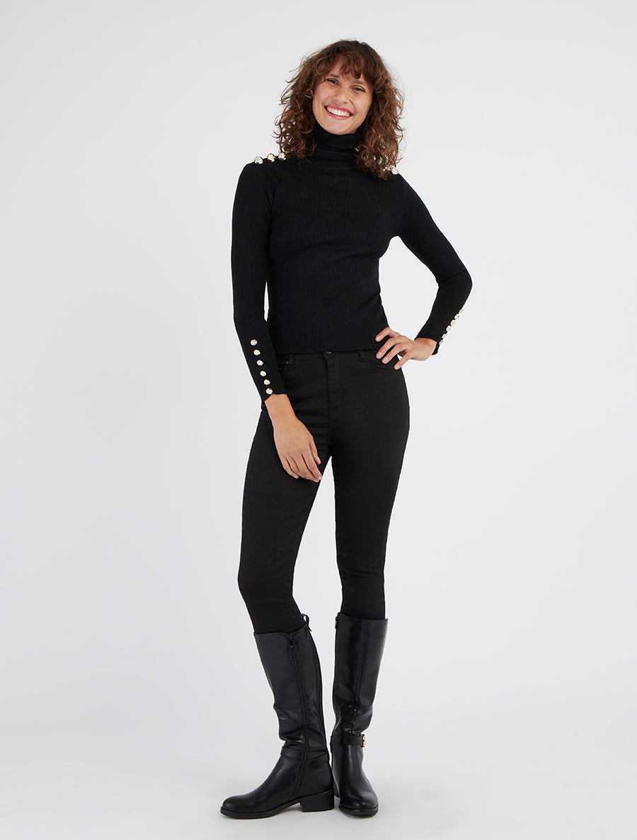 Pull côtelé col roulé boutons épaules - Noir